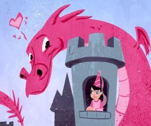 Puzzle Πριγκίπισσα στο κάστρο της, παρακολουθείται από ένα μεγάλο δράκο